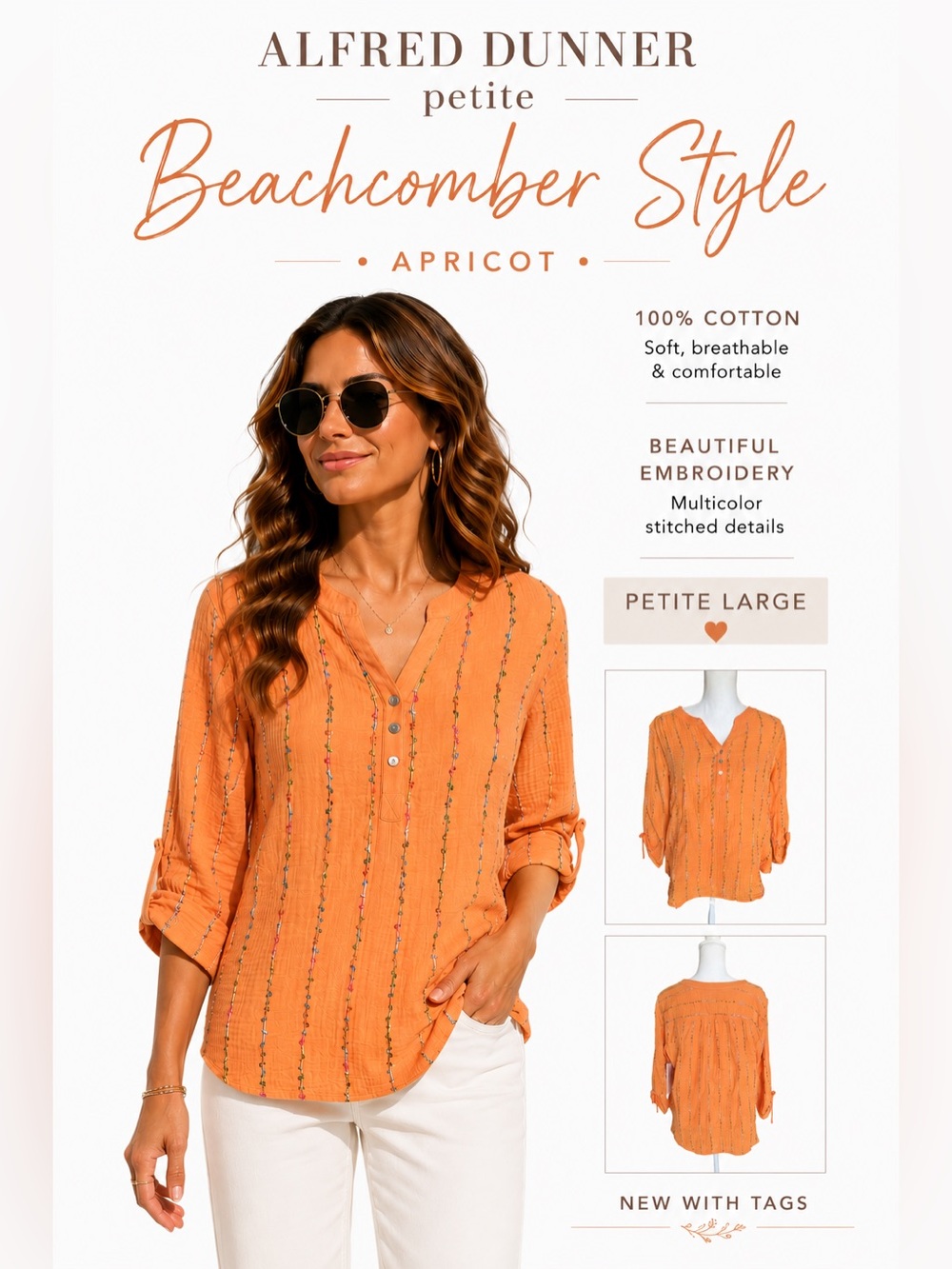 Alfred Dunner Petite Top Large NWT Beachcomber Apricot Embroidered 100% Cotton